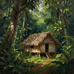 a beautiful painting of a small hut lost deep in the amazon jungle, matte painting, art by christophe vacher
