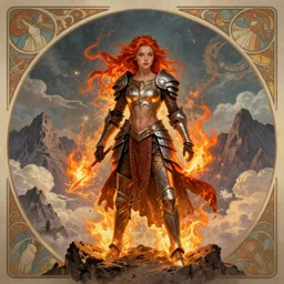 beautiful young princess. she is a fire wizard with fire red hair and freckles. she is wearing armor inspired by giger with an exposed midriff. standing on a mountain top with epic clouds and volumetric lighting. intricate illustration and highly detailed digital painting. concept art by artgerm with border inspired by alphonse mucha. inspired by brom art and larry elmore.