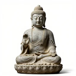 antique stone buddha statue, high detail macro photography, isolated on a pure white background, centered, entire object in frame, sharp focus, soft studio lighting
