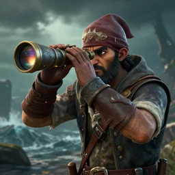 portrait of a sea of thieves character looking through a spyglass, sea of thieves screenshot, storm, unreal engine, digital art