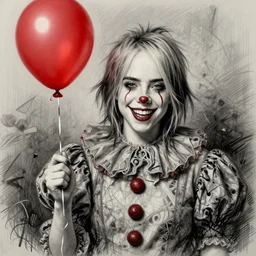 surrealism grunge cartoon sketch of billie eilish with a wide smile and a red balloon by - michael karcz, loony toons style, pennywise style, horror theme, detailed, elegant, intricate