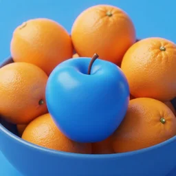 A single blue apple in a bowl full of oranges, one blue apple in a bowl, ten oranges in the same bowl, 4k, photo, hd,