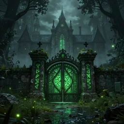 by andrey surnov, a magic school cursed by ghosts was built on the underground river. green runes were carved on the gate of the school. there was a thin mist around the school, and many green fireflies were floating in the grass. mysterious style, strong atmosphere, using unreal engine 5, clear details