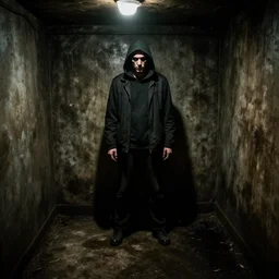 Inside the basement of a serial killer. Dark grimy walls, wet and dirty floor