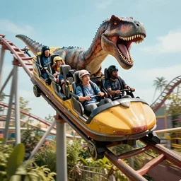 a dinosaur riding a roller coaster, photorealistic, cinematic