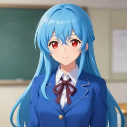 shiki wakana in a blue school uniform, red eyes, very beautiful, blue hair, smooth, trending on pixiv