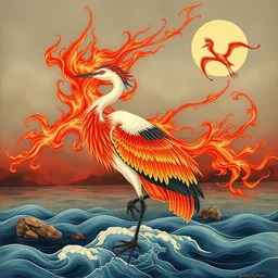 a beautiful painting heron of fire, by ukiyo - e award - winning art color screen printing