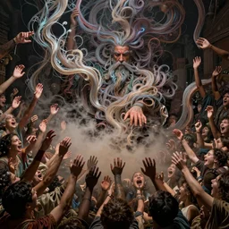 in the style of Simon bisley , detailed entangled fibres ,volumetric lighting, twisting vapour, bellowing dust ,flowing shimmering fabrics, emerging hands and an ancient male bearded face , Hundreds of humans , emerging hands and beautiful women’s and men screaming laughing and crying face , full colour , upscale , 4k