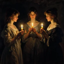 darkness, beautiful young ladies holding candles art by anders zorn, wonderful masterpiece by greg rutkowski, beautiful cinematic light, american romanticism thomas lawrence, artgerm, mucha, greg rutkowski