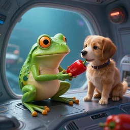 Frog on a spaceship loves her dog next to her and gives her hot pepper, cinematic, very high quality, 8k