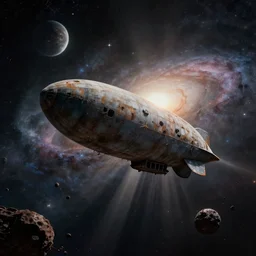 a derelict zeppelin rocket floating on the edge of a dark nebula with a spiral galaxy in the background, planets and stars, debris asteroids scrap metal, silhouette, close up, crepuscular rays, dramatic lighting, cinematic, fantasy science fiction, style of 1 9 7 0 s alien, spooky, dark moody, octane render 4 k