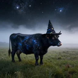 a detailed picture of stars and a nebula shaped like a cow in a grassy field wearing a witch hat, cow wearing hat!!! viewed in profile and far away, fog in the background, ultrawide lens, aerial photography, black and blue color scheme with gold highlights, art by marco bucci and danny flynn, artstation, 8 k