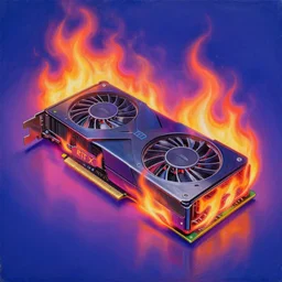 a painting by Wayne Thiebaud of a high end Nvidia GPU RTX on fire, cooling, high specs, ethereal!!!!!!!, by Wayne Thiebaud, neon gradient, highly detailed GPU on fire, GPU caught fire