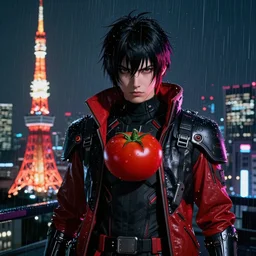An epic comic hyperrealistic portrait anime painting of a tomato wearing futuristic wardrobe, black and red, ultradetailed face expression trending on artstation and artbreeder, cyberpunk 2077 color, heavy rainning at tokyo night, neon light rooftop, unreal 5, DAZ, 8k, unreal 5 engine render, cosplay, RPG portrait, final fantasy Vll world concept, dramatic lighting, rim lights, PS5 render quality