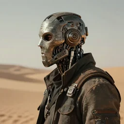 a rugged engineer man with cybernetic enhancements in the desert, detailed mask, scifi character portrait by greg rutkowski, esuthio, craig mullins, 1 / 4 headshot, cinematic lighting, dystopian scifi gear, gloomy, profile picture, mechanical, half robot, implants, steampunk