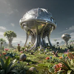 alien planet with metallic megastructure | octane render landscape | flora and fauna | mathew o | aleksandr pronin!!! | humble | 3 d render | octane render | ue 5 | 3 d graphic | android jones