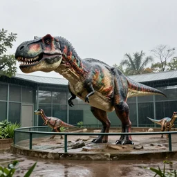 a zoo exhibit of the dinosaur tyrannosaurus rex, rainy day, outside enclosure, 4 k photograph, award winning, 5 0 mm, national geographic