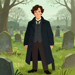 sherlock holmes standing in a graveyard, soft colors, detailed, digital art, hd, by tom bagshaw, by fintan magee, by raymond swanland