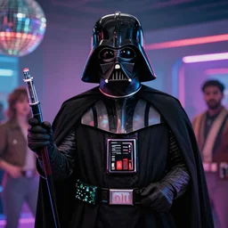realistic still photo of darth vader hosting a disco