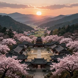 old empty samurai city surrounded by sakura trees, beautiful valley and mountains with forest, sunrise matte painting, digital art, artistation