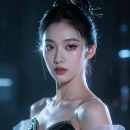 facial portrait of a korean blade runner ballerina model with beautiful makeup, dark cyberpunk background, lens flare, rain, deep focus, d & d, intricate, elegant, highly detailed, photo, artstation, blade runner, 8 k, sharp focus, octane, unreal engine 5, global illumination, radiant light