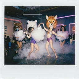 polaroid of dancers that are made from cotton candy and smoke, with huge animal mask heads, mix, DADA collage, texture, lomography, fashion neon light