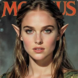 Natalie Portman as a beautiful high-fantasy elf in retro science fiction cover by Moebius, vintage 1960 print, detailed, trending on artstation, extremely detailed face