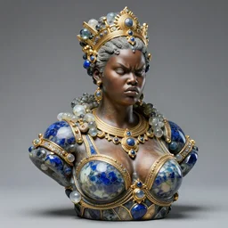 intricate iridescent realistic bust sculpture of futuristic digital obese angry beautiful black girl empress, stone and glass and gold and lapislazuli, masterpiece