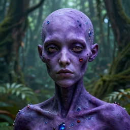 zombified violet human with highly detailed blue and red jewels in his skin. neutral facial expression, no blood. head and shoulders'shot. background is an organic rainforest. digital art. 4 k octane render.