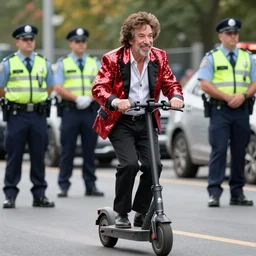 bob ross, wearing a vibrant sequin jacket, riding an electric scooter escaping from law officers