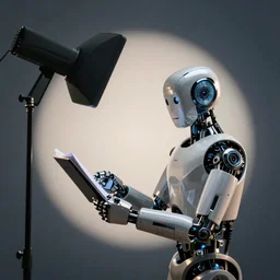 a robot reading from a teleprompter