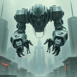 ''a giant robot with the bane mask, grey city and eight robotic arms holding humans, azimov, cyberpunk style''
