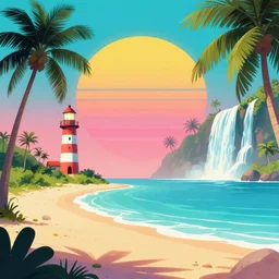 a tropical beach with lighthouse and waterfalls, retrowave epic art, trending on art station