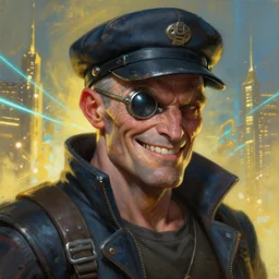 an intimate portrait of a gnarly human cyberpunk captain, old skin, faded peaked cap, charming, strong leader, metal eye piece, a look of cunning, big smile, detailed matte fantasy painting, golden cityscape, lasers, sparks, yellow and blue and cyan