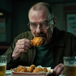 concept art of Gustavo Fring from Breaking Bad ominously eating a fried chicken, trending on artstation, extremely detailed, cinematic lighting, cinematic angles, 8k, horror