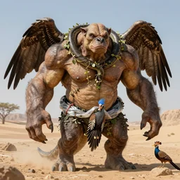 a high resolution realistic displacement portrait of an ork in a desert, muscles normal map creature made of doglike class aves skin veins merged anaconda, bump map strangled by plastic wrap bower bird creature wrinkles pheasant, ivy complex feathers exotic morphing hoopoe, zebra morphing wings king vulture head