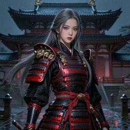 portrait jisoo blackpink, grey hair black and red samurai armor, in japanese temple heavily rainy night, ssci - fi and fantasy, intricate and very very beautiful and elegant, highly detailed, digital painting, artstation, concept art, smooth and sharp focus, illustration, art by tian zi and wlop and alphonse mucha
