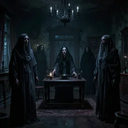 a innatural and tragic hungry ghosts in a room of a haunted house. realistic, cinematic lighting, octane tender, dark - art