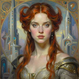 a beautiful realistic portrait painting of liz katz as fifth element girl in a uthopian future city lanscape, intricate, elegant, highly detailed, digital painting, artstation, concept art, by krenz cushart and artem demura and alphonse mucha