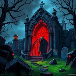 old graveyard, gian snake mouth chapel, red light inside, stained glass, broken gate, black rocks,, epic fantasy, colorfully, digital art, concept art, detailed illustration, hd, 4 k, contrasty, crisp, digital art, by anato finnstark trending on artstation