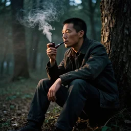 a man sitting in the woods smoking a pipe + cinematic lighting