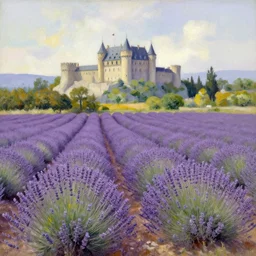 lavender fields and trees with a castle in the background by bob ross