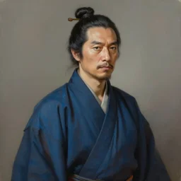 masterpiece painting of a portrait of an mature asian man with tied up black hair wearing blue and black kimono featured in artstation, concept art by Greg Rutkowski, WLOP, Dan Mumford, Christophe Vacher
