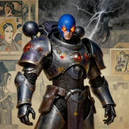 composition of gothic and futuristic young mainem, warhammer, cyber armor, scars, thunderstorm, blue head, fire eyes, some red and purple and yellow, the middle ages, highly detailed, artstation, in the style of moebius, jugendstil and classic japanese print, art by rene magritte and max ernst
