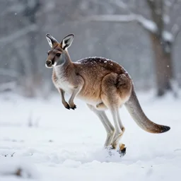 hyper realistic digital art of kangaroo hopping through snow, snowing, magical