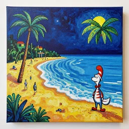 acrylic painting of a beach landscape at night in the style of picasso and dr seuss. intricate detailed. pretty. pixel perfect. sharp focus