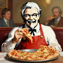 colonel sanders eating many pizza, highly detailed painting by gaston bussiere, craig mullins, j. c. leyendecker, 8 k