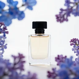 perfume bottle surrounded by artistic, luscious blurred blue and lilac flowers, white background, simple path traced, environment, up close shot