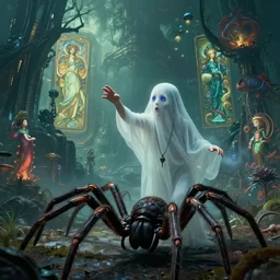 realistic detailed photorealistic film portrait shot of a ghost kid playing with giant spider, futuristic sci-fi landscape on background by Denis Villeneuve, Amano, Yves Tanguy, Alphonse Mucha, Ernst Haeckel, Max Ernst, Andrei Tarkovsky, Edward Robert Hughes, Roger Dean, necklace, dynamic pose, rich moody colours, wide angle, blue eyes