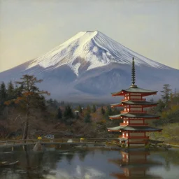 fuji - hakone - izu national parks, japan in the style of hudson river school of art, oil on canvas